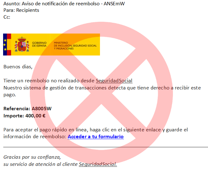 Mensaje de estafa en nombre de la Seguridad Social. 