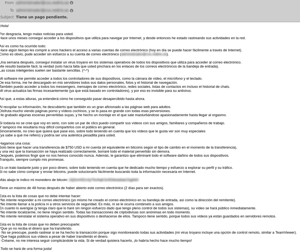 Email con el que se realiza la estafa. 