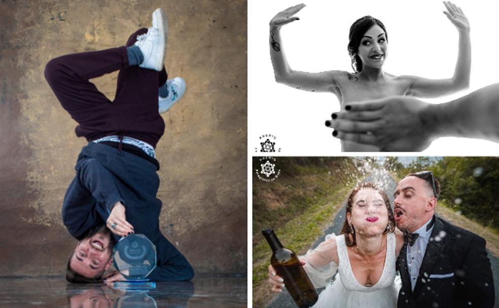 Fran Ortiz hace una pose de break en su estudio, con el premio al Mejor Fotógrafo de Bodas del año. A la derecha, dos de sus fotos premiadas. 