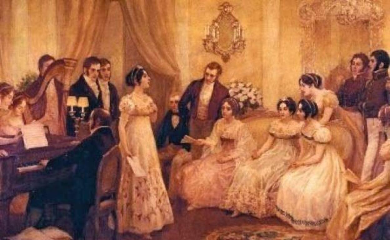 Rogelia León acudía a salones literarios como el que muestra esta obra pictórica del XIX. 