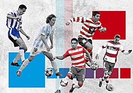 Cinco personajes en blanco, rojo y azul