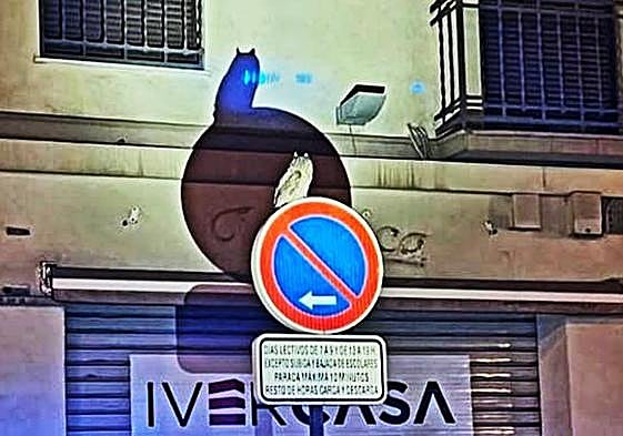 Un miembro de la Policía Local ilumina al búho sobre una señal de tráfico en Granada.