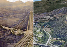 Imagen del proyecto del Parque de Merano y la misma zona en la actualidad.