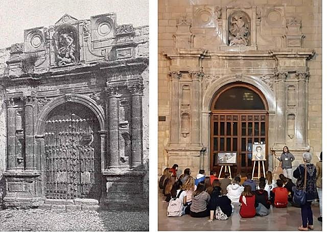 La portada de San Miguel cuando estaba en la iglesia cerrada y ahora en el Museo.