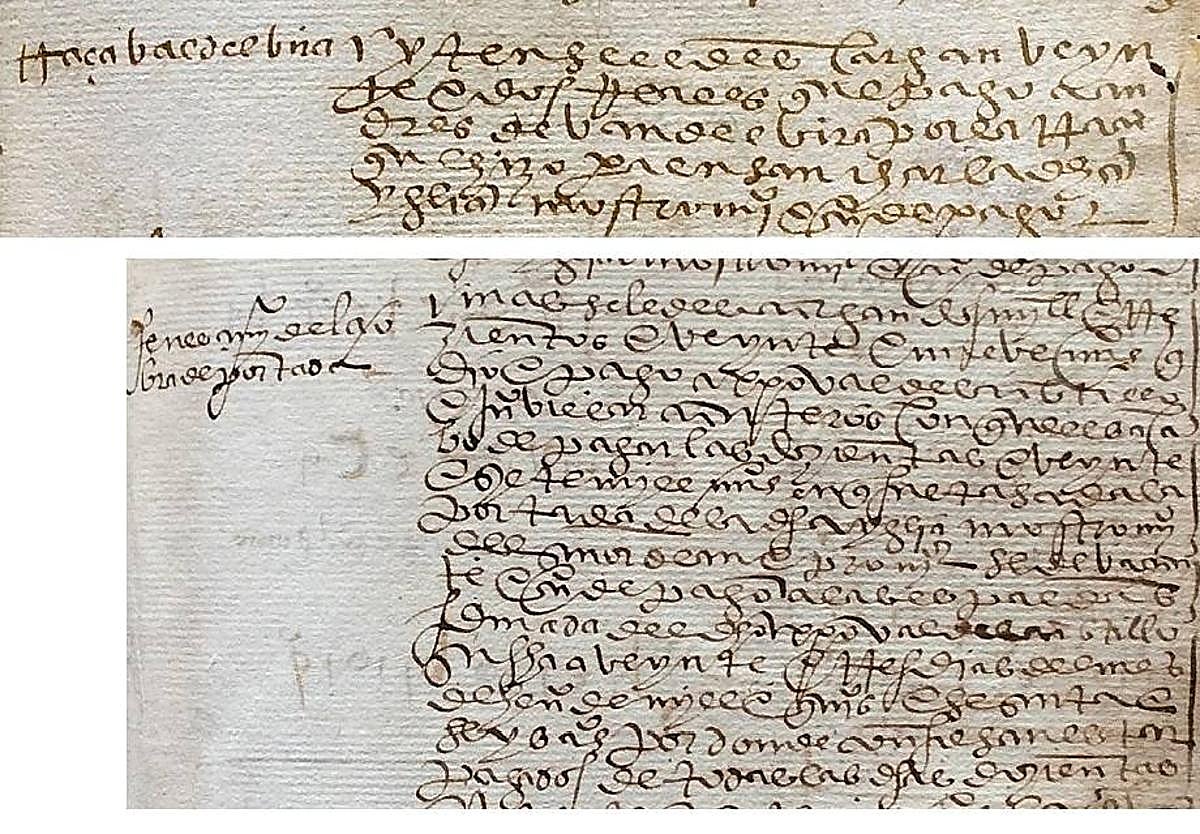 Arriba, en el arranque se lee 'bandelbira' y se repite en la línea central, y en texto de abajo, pagos por la portada de San Miguel.