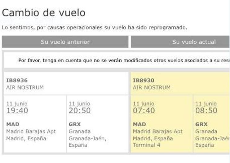 Cambio de vuelo de Iberia de Madrid a Granada el 11 de junio.