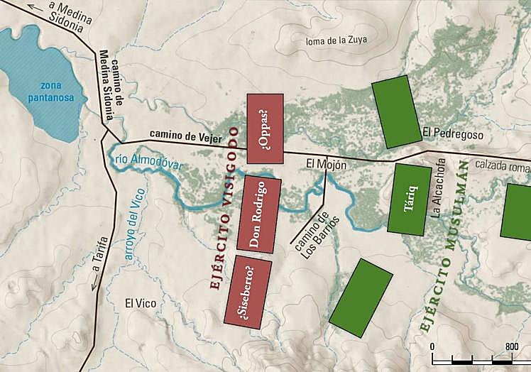 Esta pudo ser la disposición de los ejércitos visigodo y musulmán el día de la batalla.