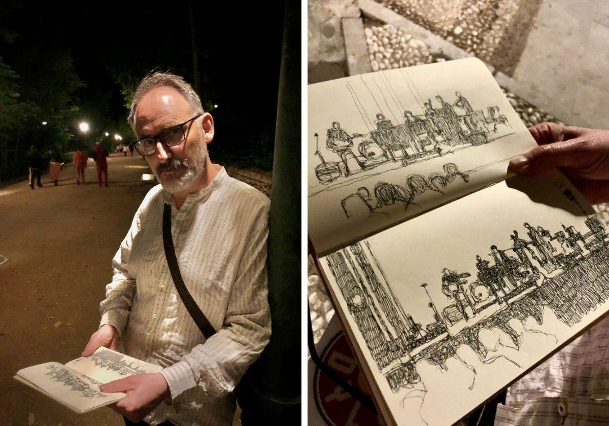 Gabriel H. Walta con su libreta, en la Cuesta de Gómerez, tras el concierto de Bob Dylan