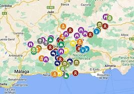 Mapa de la provincia de Granada con los puntos de interés de las diez rutas