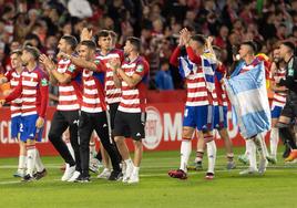 El primer equipo masculino del Granada celebra el ascenso a Primera división.