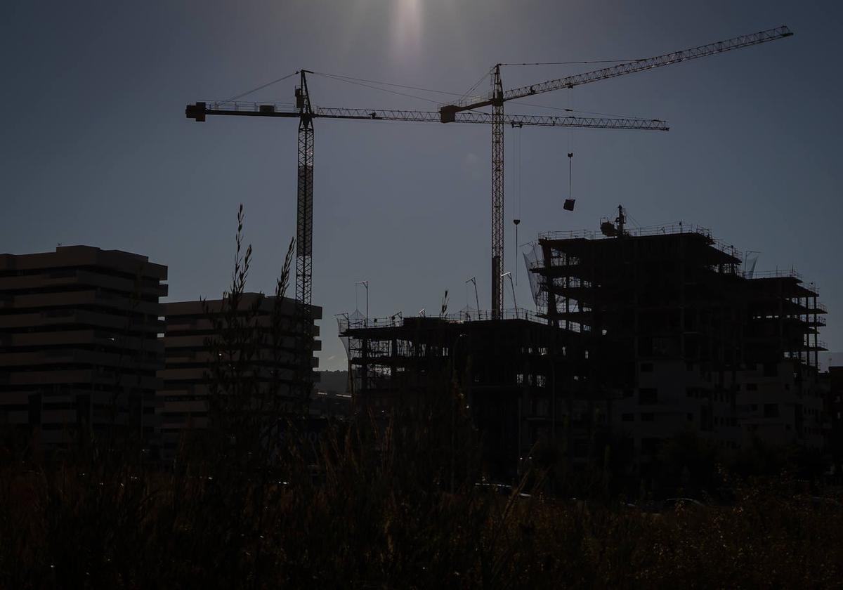 Silueta de grúas y edificios a medio construir recortando con su sombra el cielo de Granada.