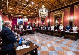 Concejales guardan un minuto de silencio por las víctimas de la violencia machista durante la primera sesión plenaria del Ayuntamiento de Granada.