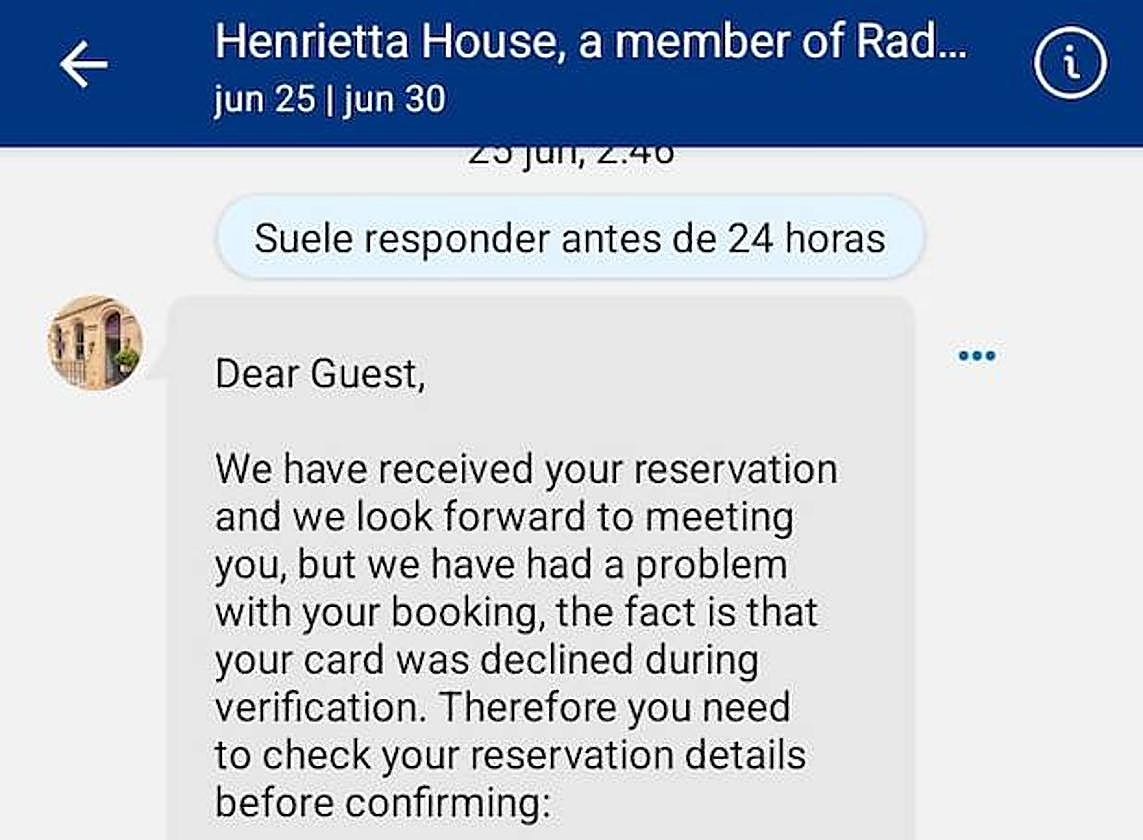 Parte del mensaje que Javier recibió por Booking.