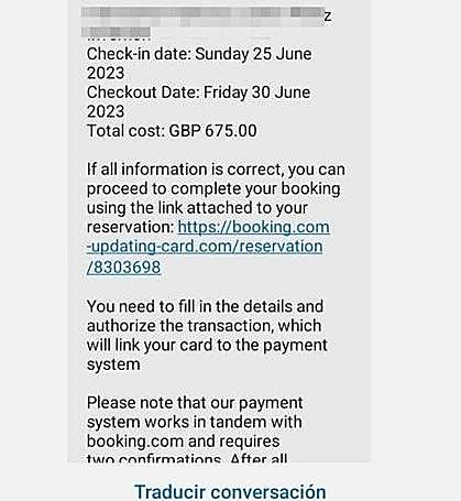Mensaje enviado desde la app de Booking.