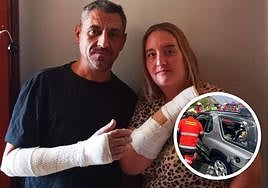 Juan Manuel y Raquel, visiblemente heridos tras el accidente. A la derecha, estado en el que quedó el vehículo.