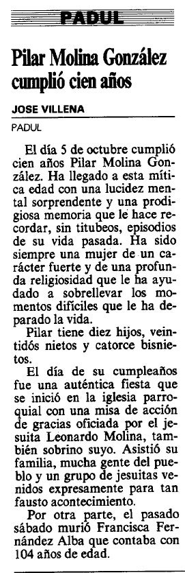 La madre de Eladia García ya fue noticia en IDEALal cumplir 100 años en 1991.