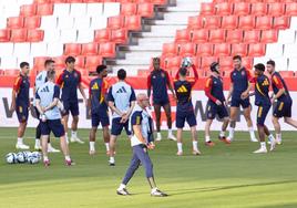 El seleccionador nacional, Luis de la Fuente, contempla Los Cármenes mientras sus futbolistas calientan detrás.