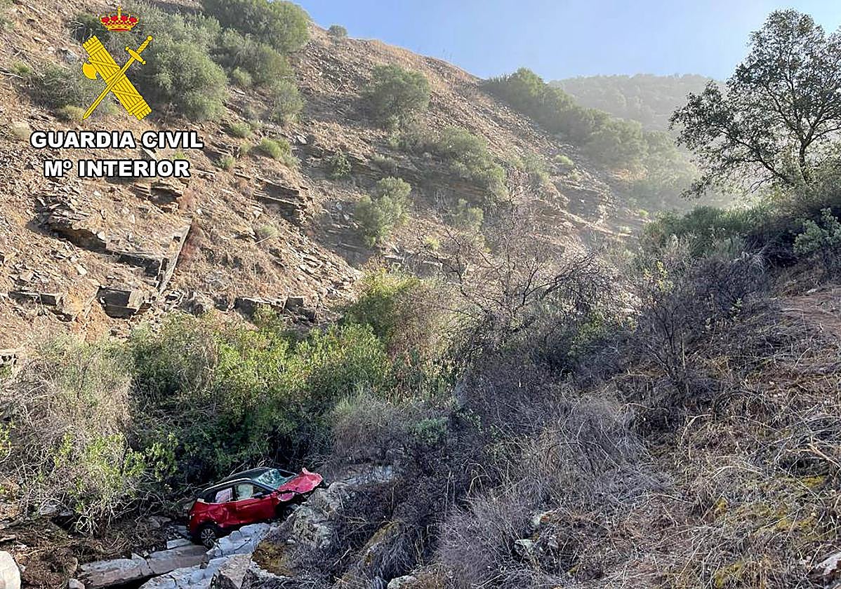 Estado del coche tras precipitarse por el barranco.