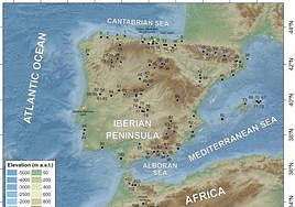 Mapa de dispersión de polen de plantas resistentes a la sequía. Los puntos amarillos indican las muestras arqueológicas de referencia.