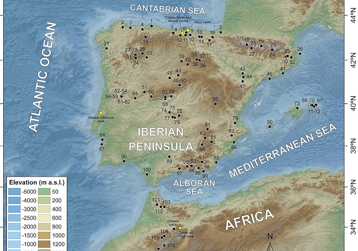Mapa de dispersión de polen de plantas resistentes a la sequía. Los puntos amarillos indican las muestras arqueológicas de referencia.