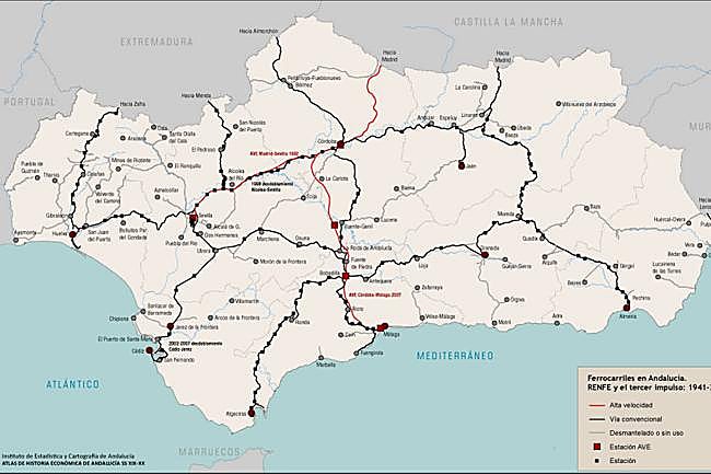 Mapa ferroviario de Andalucía.