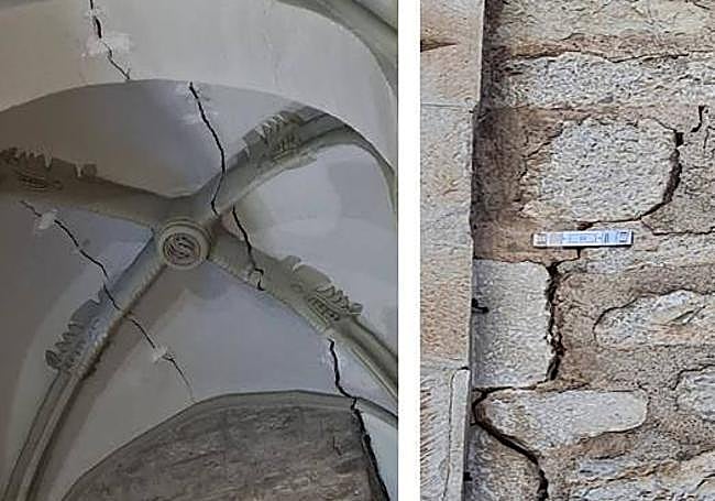 Grietas en la bóveda interior de la iglesia y en la torre por fuera.