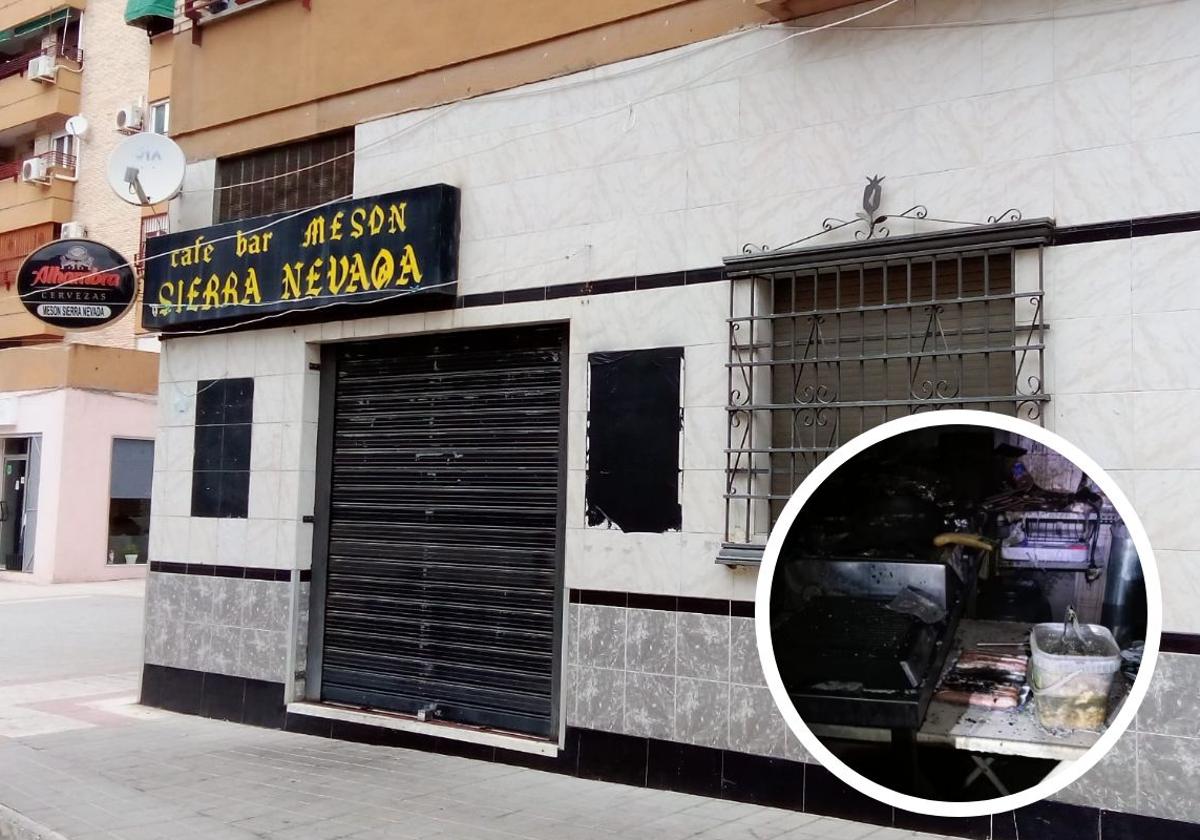 Mesón Sierra Nevada con las puertas cerradas. En pequeño, la cocina calcinada.