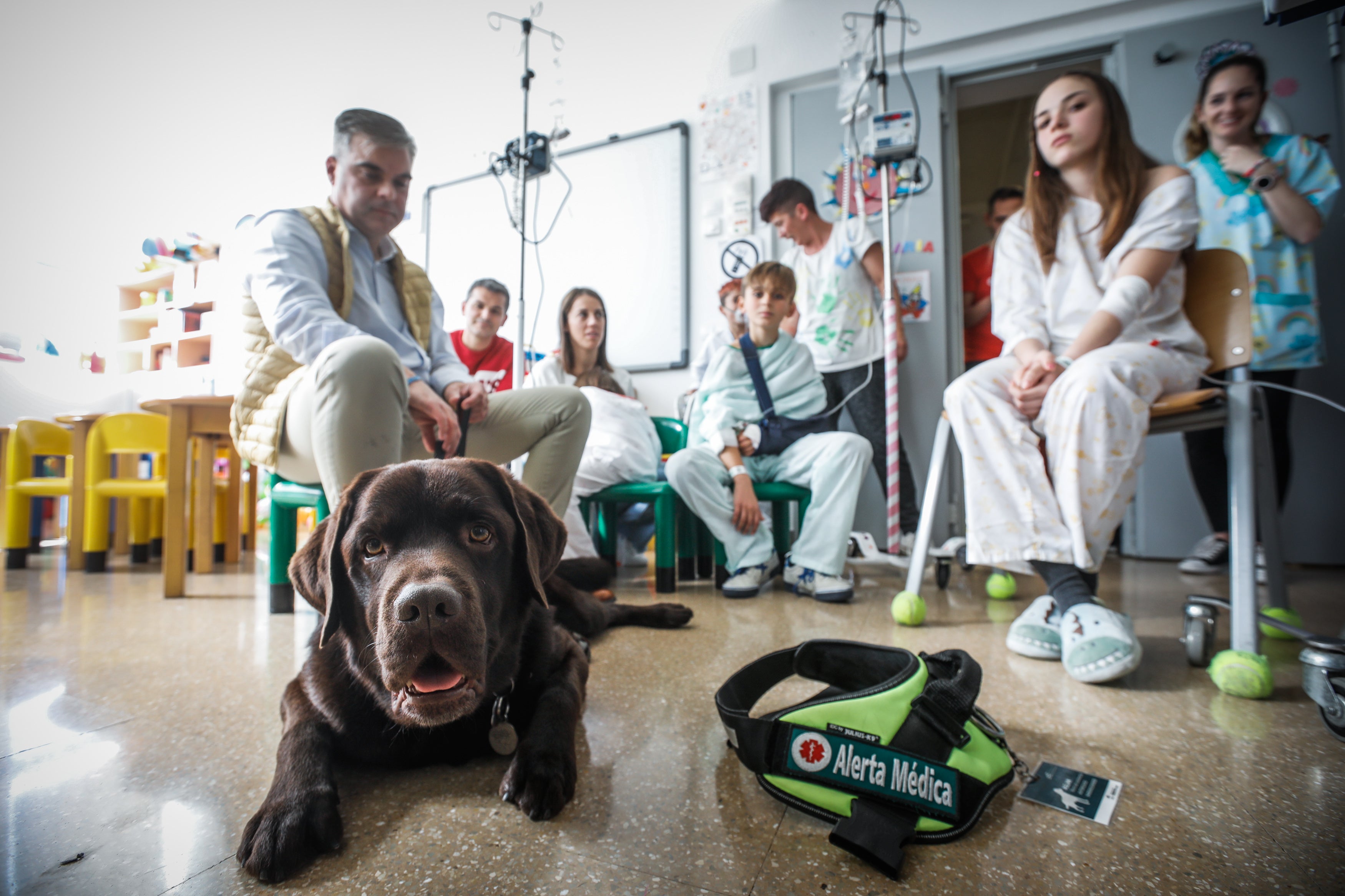 Aslan mira a la cámara de IDEAL junto a su dueño Manuel y los pequeños pacientes del Hospital Clínico San Cecilio.