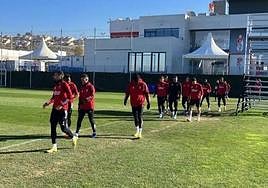 Los futbolistas del Granada salen a entrenar este pasado lunes.