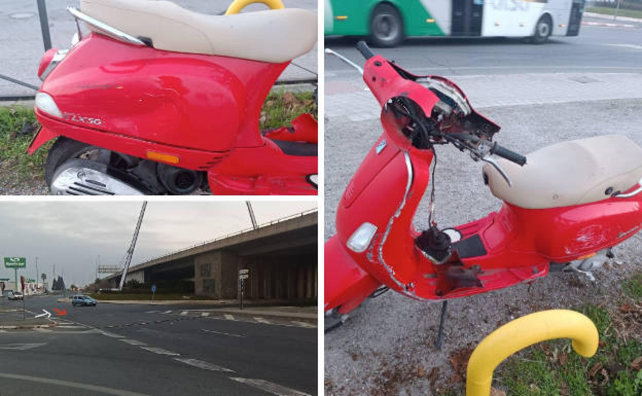 Estado en el que quedó la moto de la joven. A la izquierda, en la imagen inferior, zona concreta en la que el conductor supuestamente se saltó el ceda al paso.