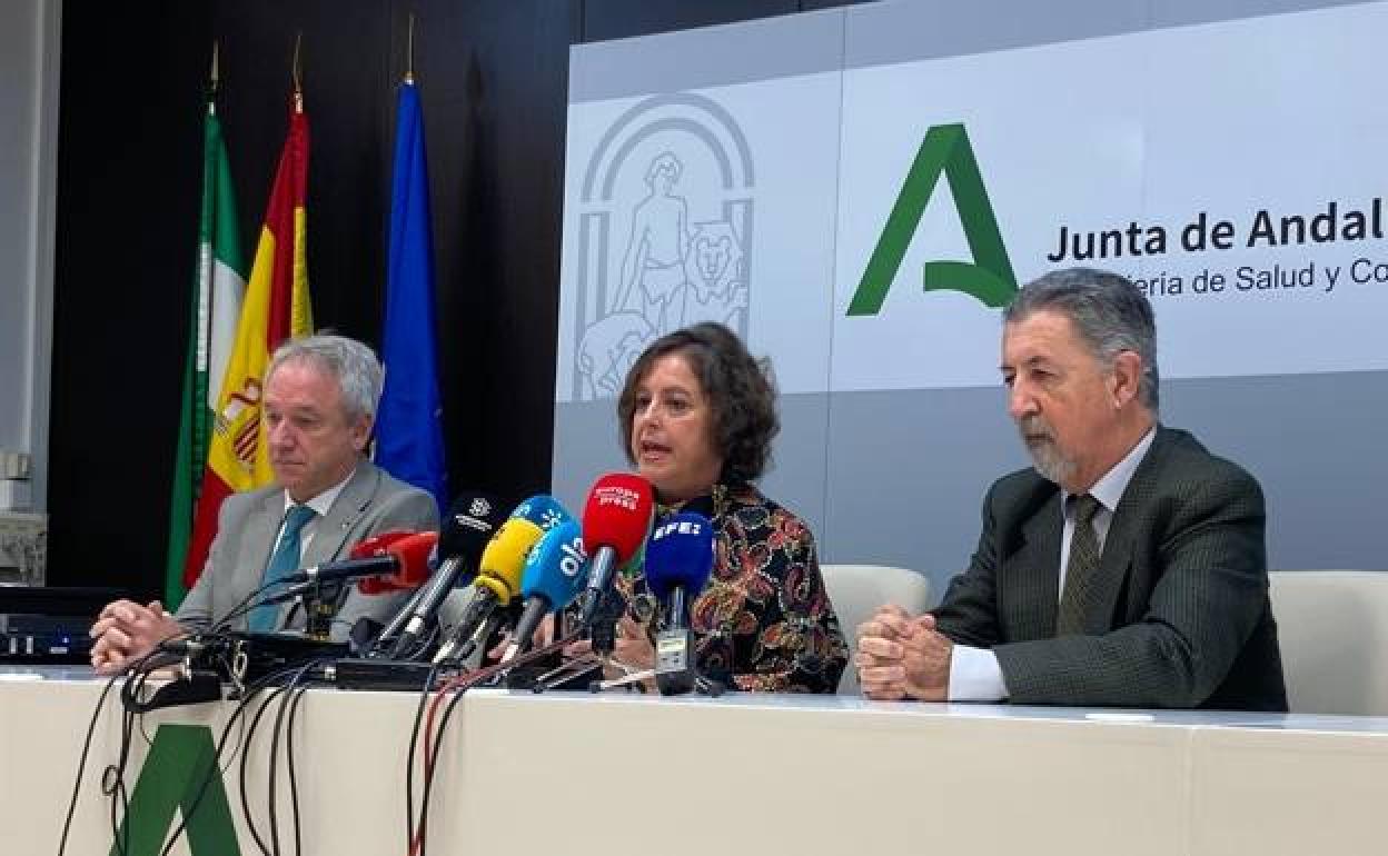 La consejera de Salud y Consumo, Catalina García, durante la rueda de prensa, junto al presidente del Sindicato Médico Andaluz, Rafael Carrasco -a la derecha-; y el gerente del SAS, Diego Vargas. 