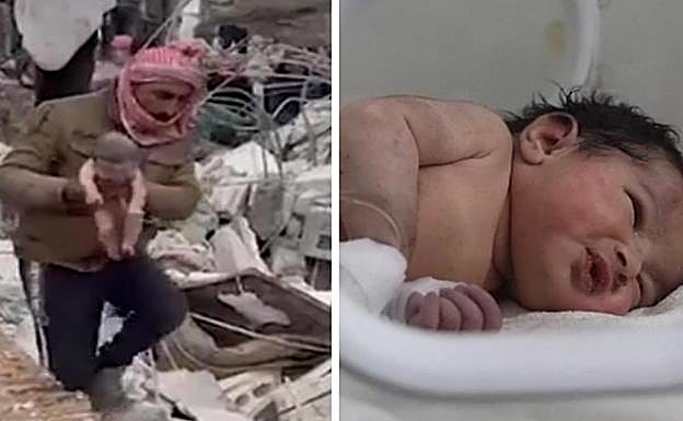 Un bebé recién nacido es rescatado de entre los escombros.