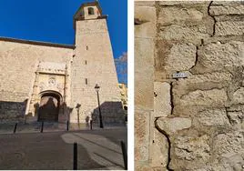 Estado actual de la torre campanario de La Magdalena y sensor en una grieta.