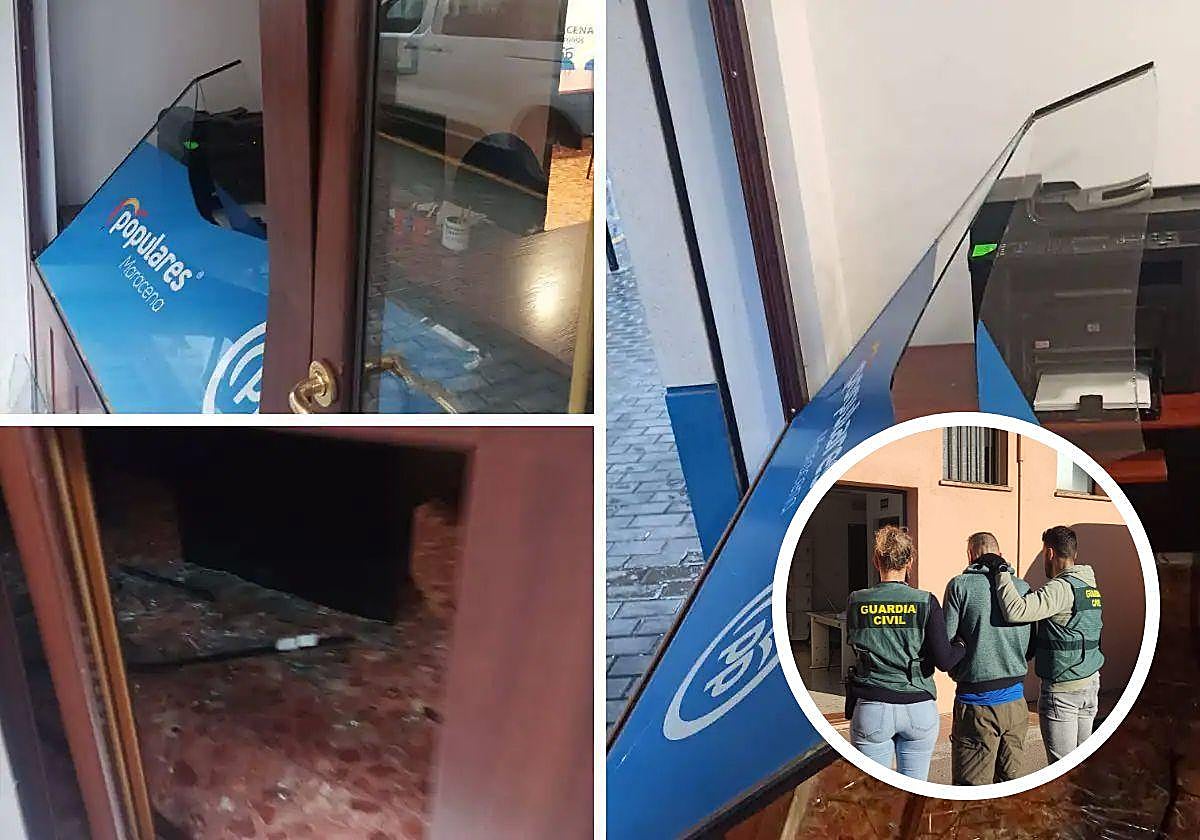 Imagen de arrestado y destrozos en la sede el PP de Maracena.