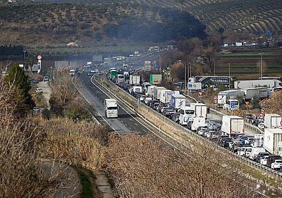 Retenciones de tráfico este sábado por las protestas de agricultores en Huétor Tájar, Granada, a la altura de La Parada.