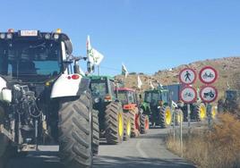 Tractores avanzan por la carretera para participar en una protesta del sector primario.
