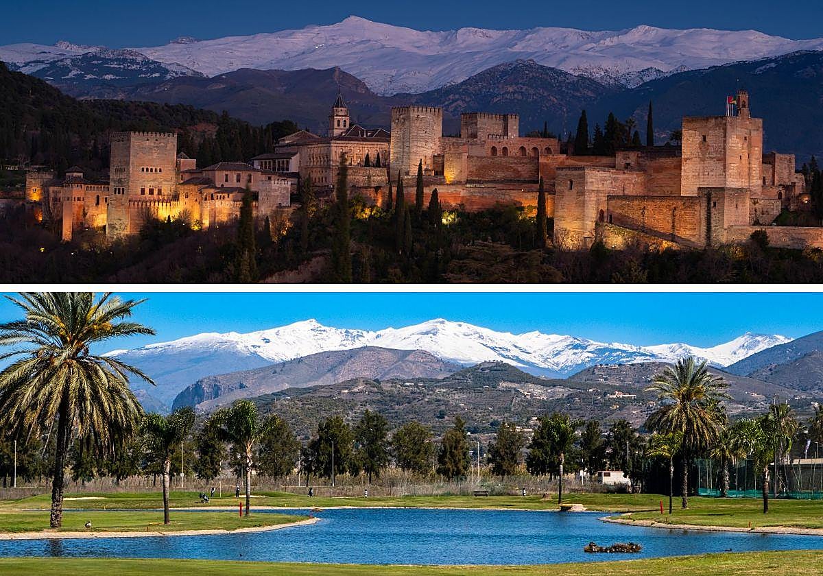 Sierra Nevada vista desde la iglesia de San Miguel Bajo y desde el campo de golf de Motril.