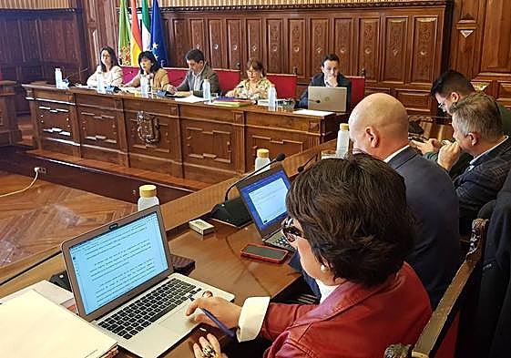 Al fondo, mesa de presidencia de la Diputación, durante el pleno de hoy.