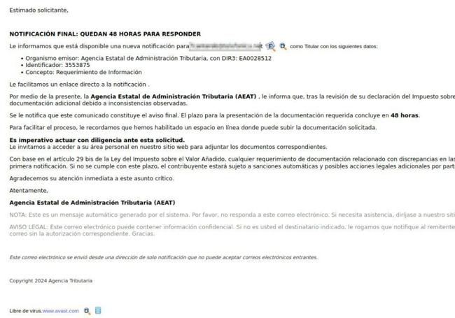 Uno de los correos electrónicos fraudulentos.