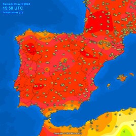 Mapa de calor durante el 13 de abril en la península ibérica.