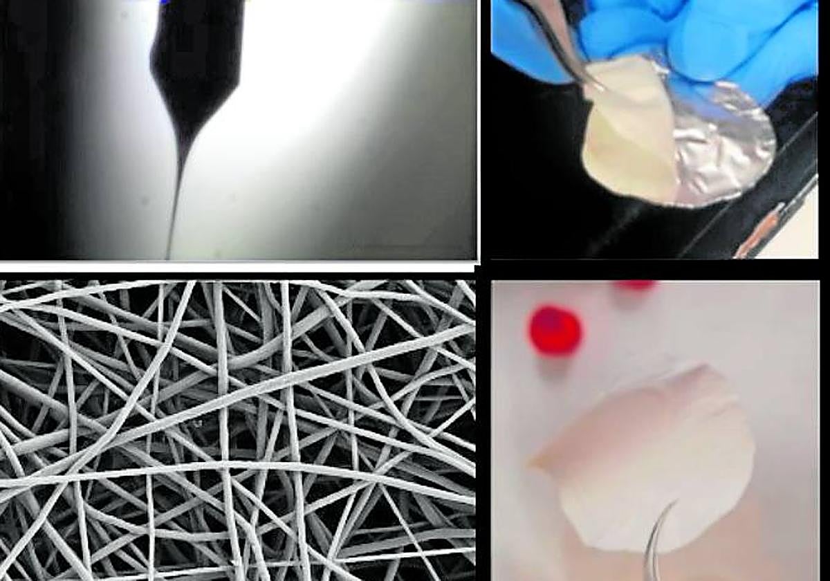 Imagen de la fabricación de nanofibras y aspecto a través de un microscopio electrónico; y forma final de los parches implantables.