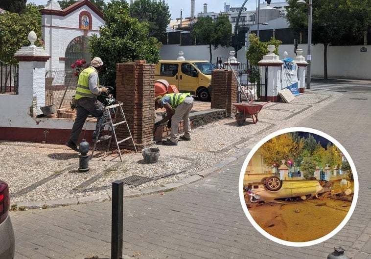 Arreglo del muro y estado del coche tras el accidente.