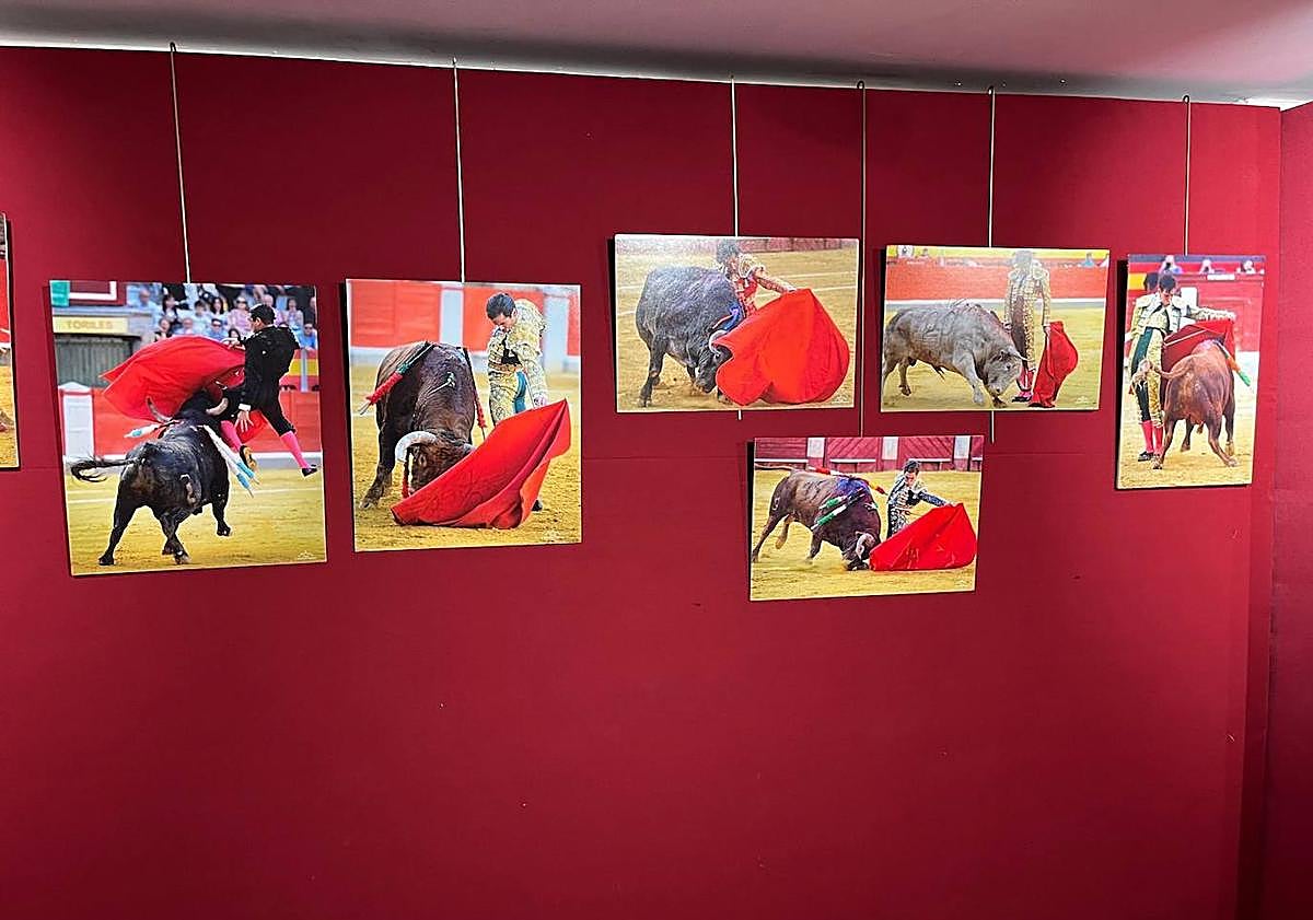 Imagen principal - Arriba algunas imágenes de la exposición. Abajo, afluencia de aficionados al acto presentado por Pablo del Río, Ortega Cano y Baltasar Gálvez.