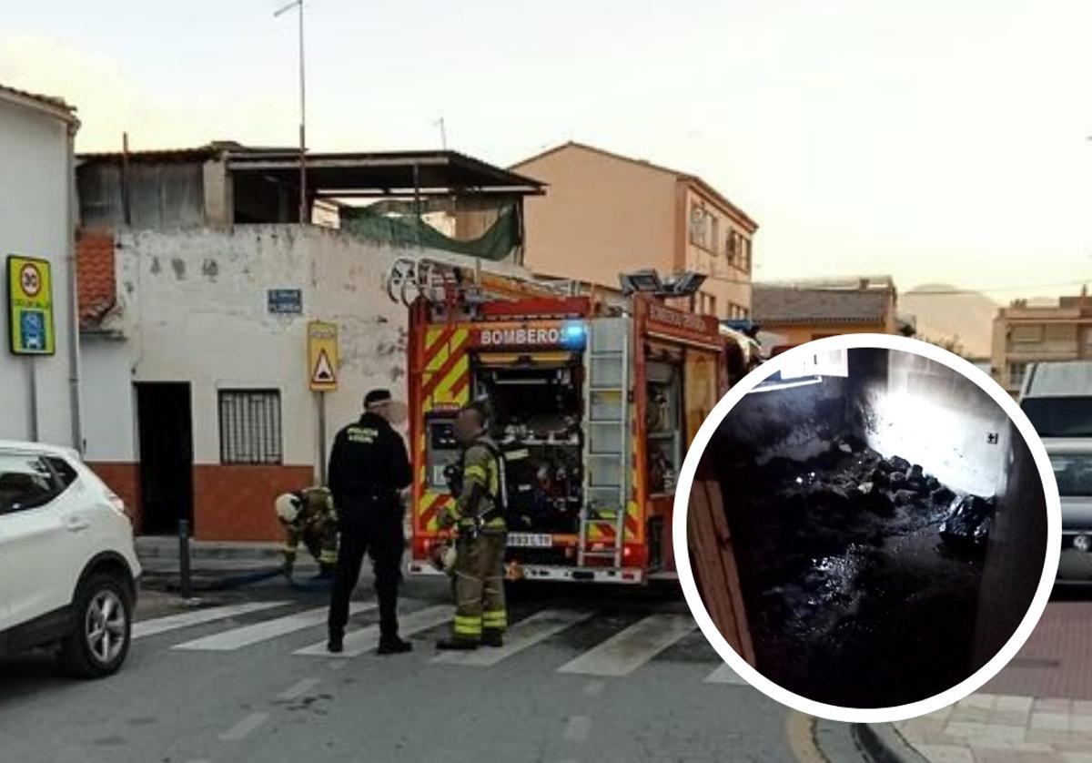 Bomberos y Policía Local trabajan en el incendio. A la derecha, habitación con restos de plantaciones.