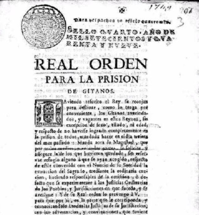 Primera página de la disposición real que condenó a los gitanos a prisión.