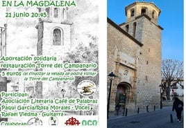 Cartel de la velada y el campanario de la parroquia de la Magdalena.