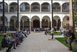 El presidente de la fundación Blas Infante, Javier Delmás Infante, durante su intervención en el acto.