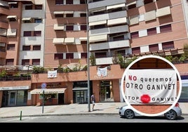 Pancartas con el lema 'Stop Ganivet' desplegadas en el edificio Florencia de la avenida Lorca.