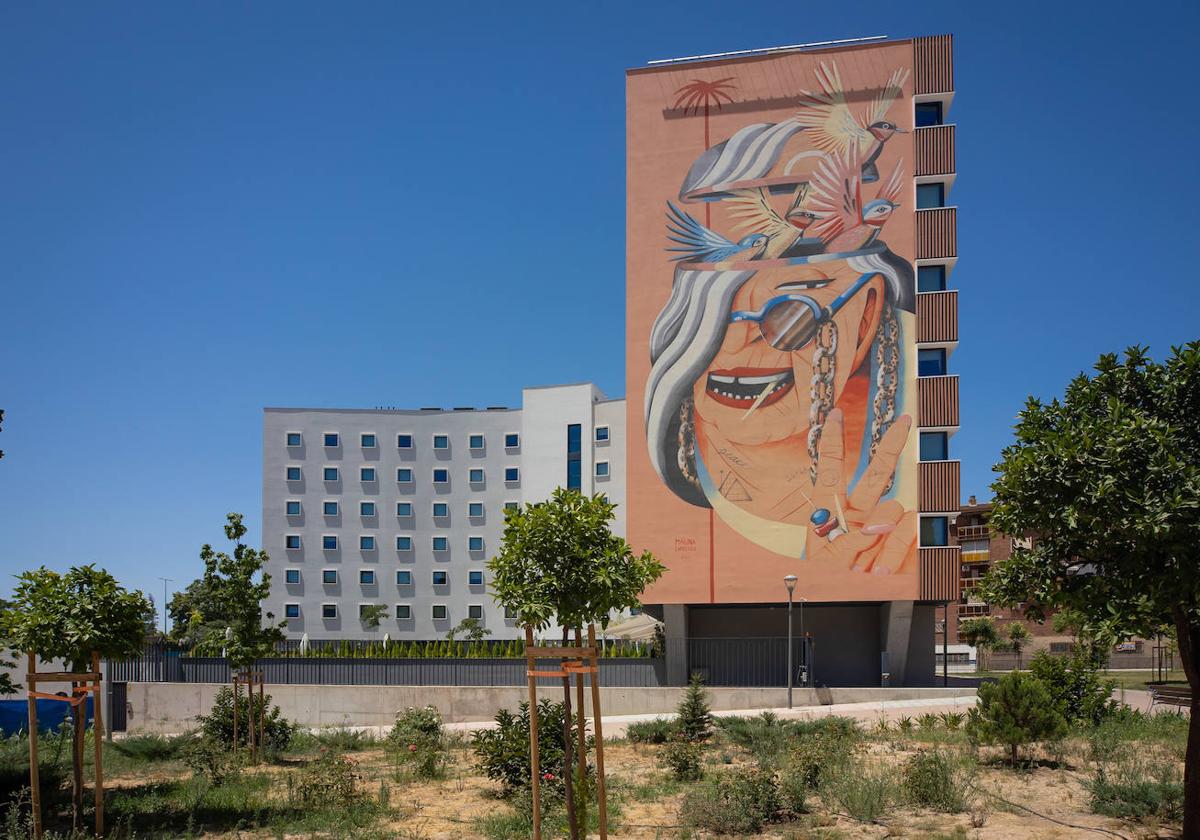 Grafiti en una de las paredes de la nueva residencia de estudiantes ubicada entre el parque de Los Pajaritos y el Camino de Ronda.