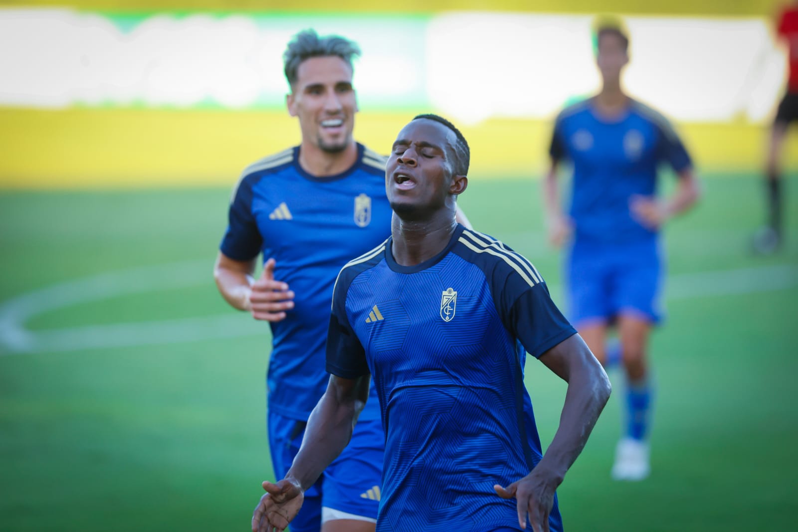 Faye celebra el tanto del empate del Granada.